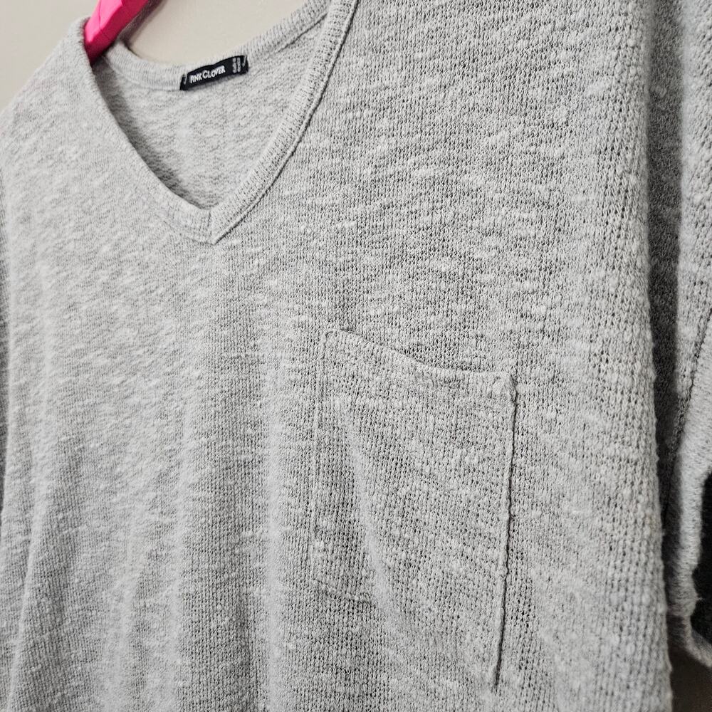 Pink Clover Light Grey V-Neck Knit Short Sleeve Pocket Tee Women XL Cozy Lounge